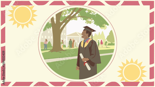 Happy Graduate on Campus Holding Diploma Success Achievement Education Illustration.