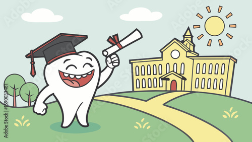 Happy Graduating Tooth Cartoon Character Illustration.