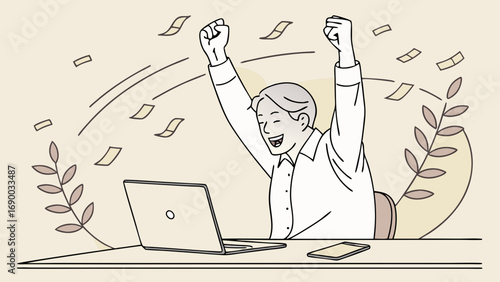 Happy person celebrating success at laptop online achievement financial growth business win joyful expression digital success victory celebration achievement goal target win success triumph accomplis.