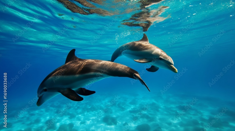 Obraz premium Dolphins swimming gracefully underwater tropical ocean marine life photography clear blue water underwater perspective nature's splendor
