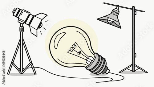 Illustration of a light bulb in a studio setting with lighting equipment idea concept creativity inspiration.