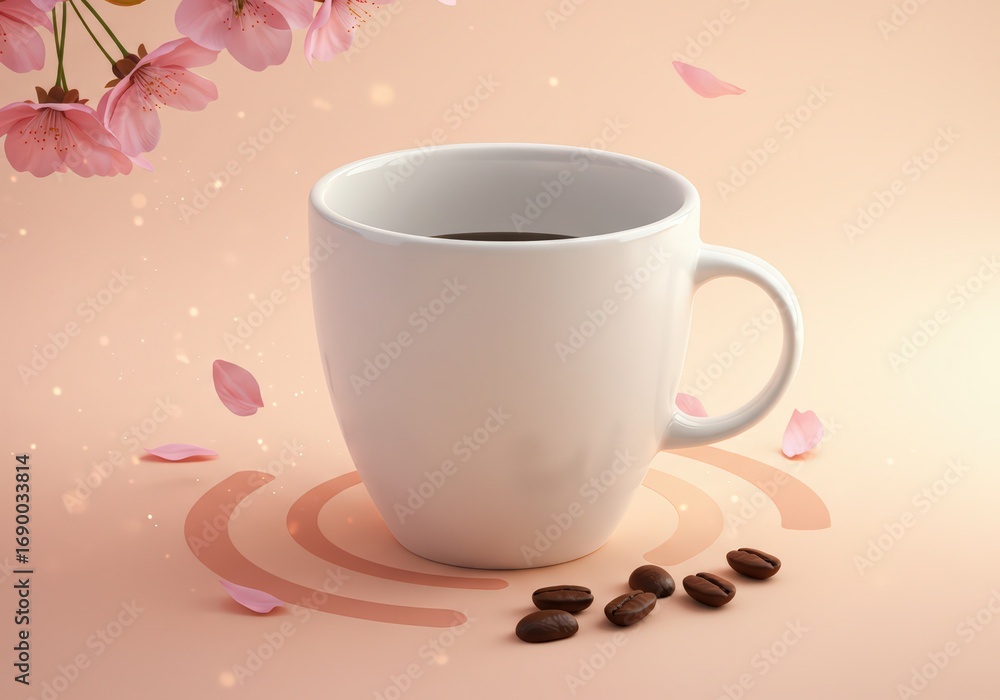 Fototapeta premium A white mug filled with coffee alongside coffee beans and pink cherry blossoms on a peach background