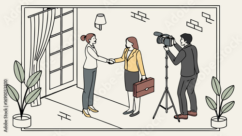 Isometric Illustration of Businesswomen Shaking Hands Filmed by a Cameraman.