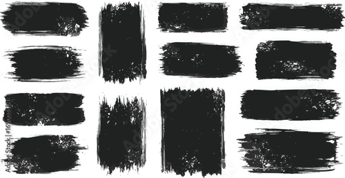Collection of twelve black paint brush stroke shapes with rough edges and textured surfaces, arranged on a white background.