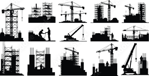 Construction site silhouettes, cranes, workers, building framework, heavy machinery, construction industry, scaffolding, engineering, architecture, labor, industrial, building process, urban 