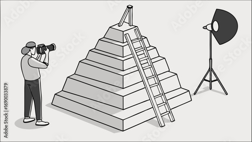Isometric Illustration of Photographer Shooting Stepped Pyramid with Lighting Setup.
