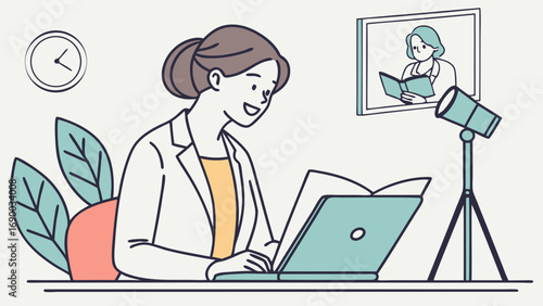 Online education virtual learning video conference woman studying laptop book teacher student online course remote learning e-learning webinar tutorial digital education online class home study dista.