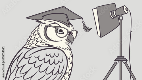 Owl in graduation cap wearing glasses under studio light illustration cartoon vector graphic education concept.