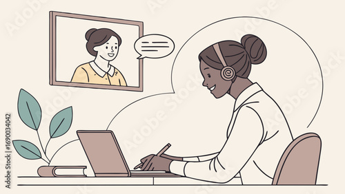 Online Video Conference Woman Working Remotely Taking Notes Headset Laptop Communication Illustration.