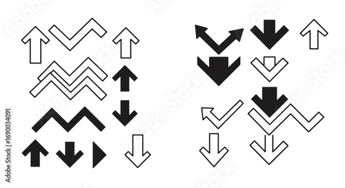 A collection of various arrow designs, some filled, others outlined, arranged in two distinct groups.