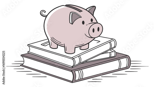 Piggy bank on stack of books education savings financial literacy cartoon illustration.