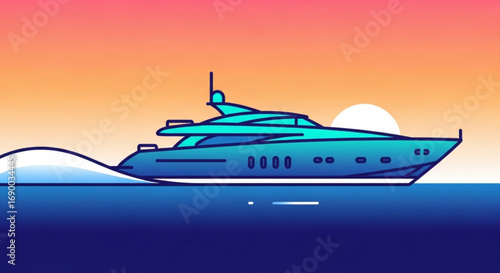 Luxury yacht boat sailing on water at sunset vector illustration for travel and vacation concept