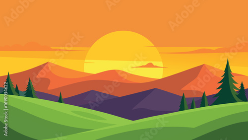 Cartoon Mountain Landscape Illustration Green Hills, Silhouetted Trees, Mountains, and a Vibrant Sunset
