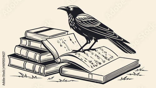 Raven perched on a stack of books black and white illustration vintage style reading literature knowledge wisdom gothic dark academia bird animal antique books open book education study learning libr.