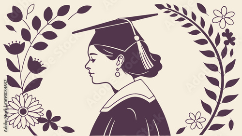 Profile of a graduate wearing cap and gown surrounded by floral designs.