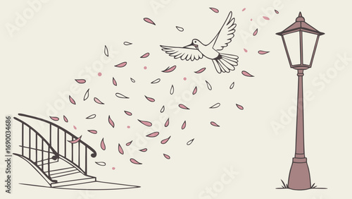 Romantic illustration of a dove in flight amidst falling petals a staircase and a street lamp.