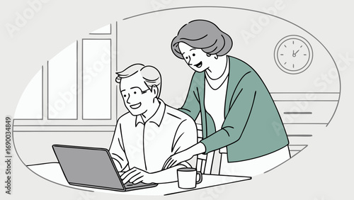 Senior couple using laptop elderly man and woman working together on computer assistance technology help support family home indoors lifestyle illustration drawing digital art vector graphic design m.