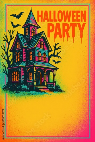 Haunted house Halloween party poster with bats and copy space. Great for club promotions, event marketing, seasonal ads, and social media posts.  
