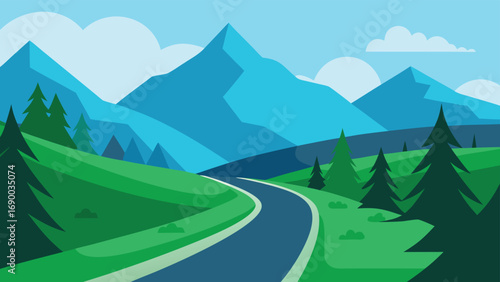Cartoon Mountain Landscape Illustration with Road, Evergreen Trees, and Sky, Serene Nature