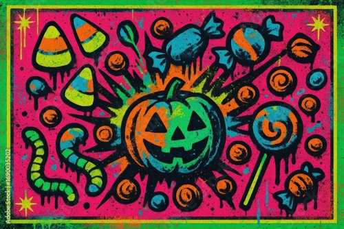 Neon Halloween candy explosion with jack-o-lantern. Great for seasonal décor, holiday merchandise, party invitations, and retail advertising.  
