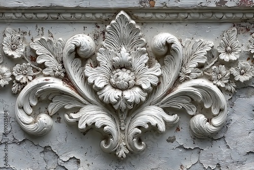 White plaster floral relief with peeling paint ornate decorative