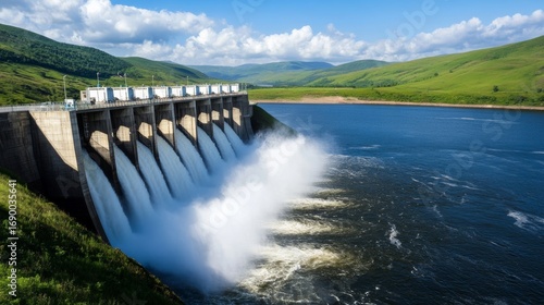 Dynamic water release action at hydroelectric dam in scenic landscape nature photography captured from a vibrant viewpoint