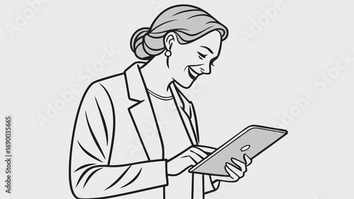 Smiling woman using a tablet line art illustration technology business professional.