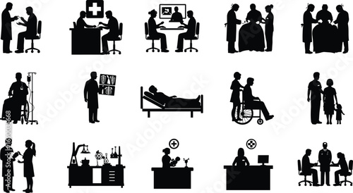 Doctors, nurses, patients, hospital silhouette, healthcare consultation, surgery teamwork, medical staff, wheelchair, laboratory, diagnosis, treatment, medicine, nursing, hospital care