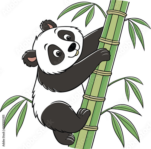 Cute Cartoon Panda Climbing a Bamboo Tree with Green Leaves on White Background Keywords: panda, bear, bamboo, climbing, tree, animal, wildlife, cute, cartoon, illustration