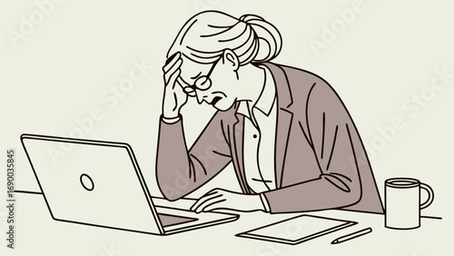 Stressed businessperson working on laptop line art illustration.