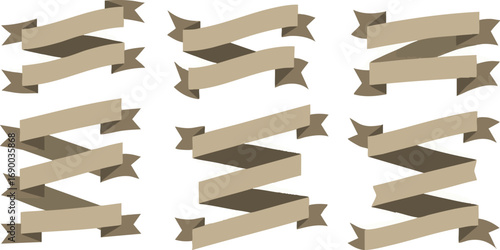 Collection of nine beige ribbons, various arrangements, design elements.