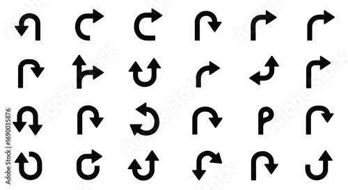 A comprehensive collection of black curved arrow icons and symbols indicating turns, U-turns, and refresh actions on a white background.