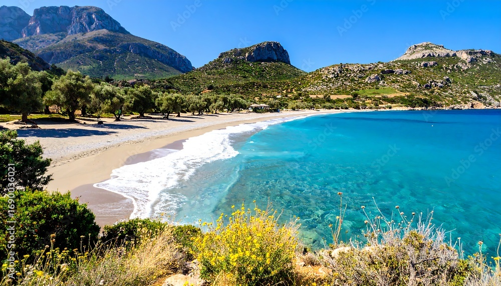 Fototapeta premium Sunny beach scene with turquoise water (1)