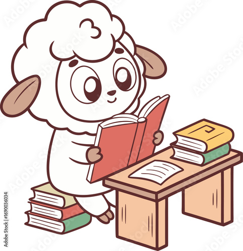 Cute Cartoon Sheep Reading a Book at a Desk with Stacks of Books animal