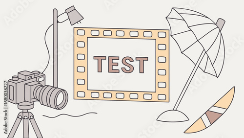 Studio Photography Setup Camera on Tripod Film Negative Frame Lighting Equipment Illustration Design Element.