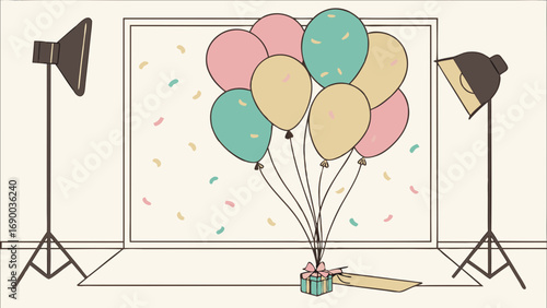 Studio Photography Setup with Balloons and Gift Pastel Colors Festive Celebration Party Supplies Gift Box Confetti Background Illustration Design Element.