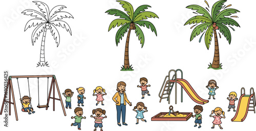 Children playing happily in outdoor playground with swings, slides, sandbox, palm trees, teacher supervision, summer fun, learning activities, recreation