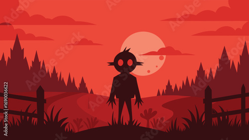 Cartoonish Alien Silhouette at Sunset with Trees, Fence, Moon, and Clouds in Red Tones