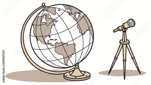 Vintage Globe and Telescope Illustration Exploration Travel Discovery Education World Map Astronomy Geography Science Antique Retro Learning Cartography Research Study Exploration Adventure Global In.