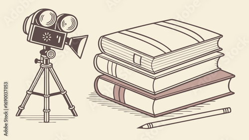 Vintage Movie Camera and Stack of Books Illustration Filmmaking Education Reading Knowledge Study Learning Retro Design.