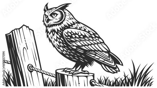 Vintage Owl perched on a fence post black and white illustration wildlife bird nature graphic design vector artwork.