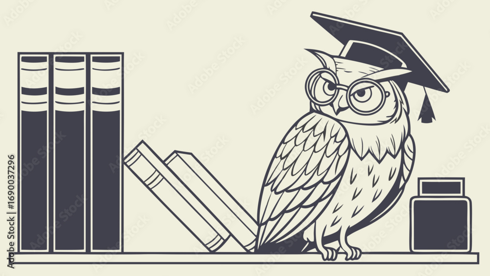 Fototapeta premium Wise owl with graduation cap books and inkwell Perfect for education knowledge wisdom and learning concepts.