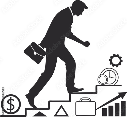 Silhouette of a businessman climbing stairs with business icons and growth chart career
