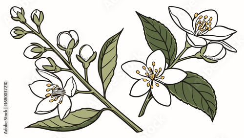 White Flowers Botanical Illustration Blooming Branch with Buds and Leaves Spring Floral Design Nature Artwork Greenery Elegant Decor Wedding Invitation Greeting Card Vintage Style Hand Drawn Vector G.