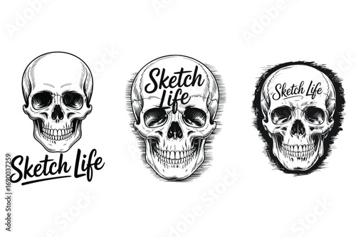 Three sketched skulls with text drawing black and white