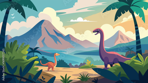 Colorful Dinosaur Landscape with Mountains, Palm Trees, and Brontosaurus A Illustration