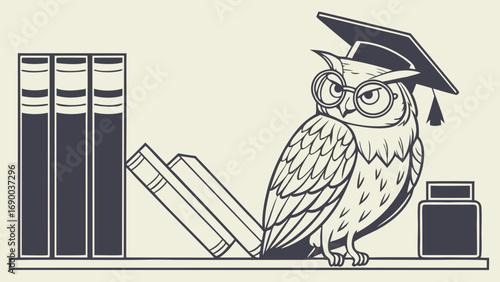 Wise owl with graduation cap books and inkwell Perfect for education knowledge wisdom and learning concepts.