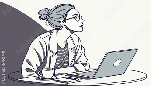 Woman working on laptop stylish illustration coffee cup notebook pen thoughtful expression side profile minimalist design vector art graphic design element.