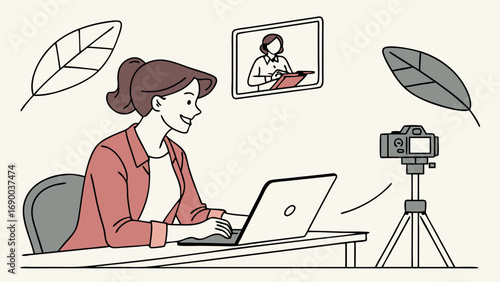 Woman working on laptop online video conference camera on tripod desk home office digital content creation.