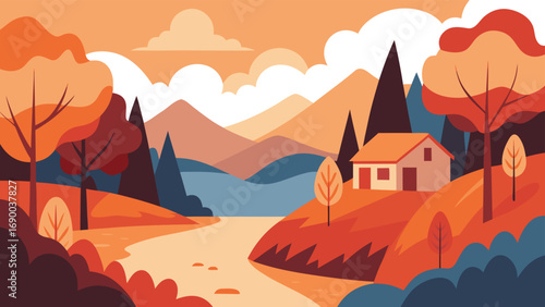 Cozy Cabin by the River Autumnal Landscape with Mountains, Trees and Clouds Illustration